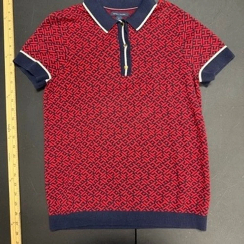 Tommy Hilfiger Knit Polo Top and Skirt Set Red Navy Geometric Preppy‎ Medium